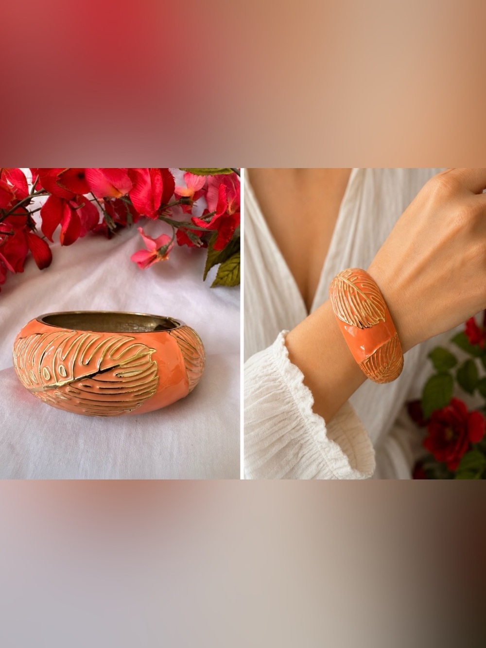 Peach Orange/Pink Gold Enamel Cloisonne Bangle Bracelet 1.5" Wide Leaves Summer